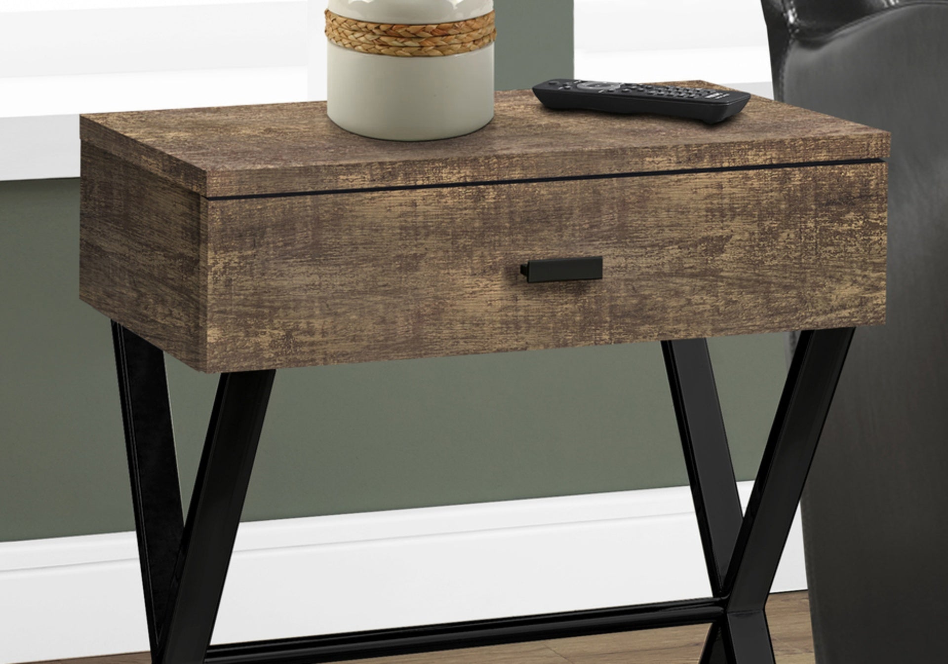 Accent Table, Side, End, Nightstand, Lamp, Storage Drawer, Living Room, Bedroom, Brown Laminate, Black Metal, Contemporary, Modern