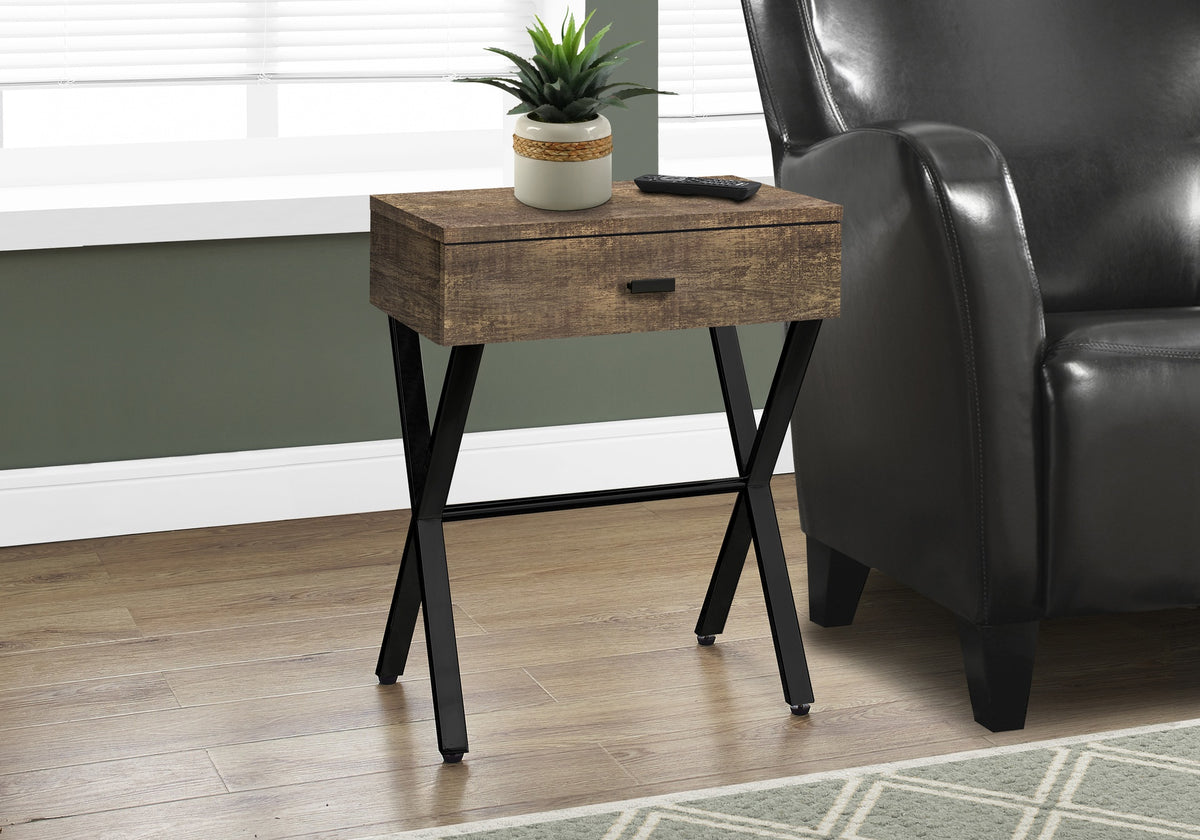 Accent Table, Side, End, Nightstand, Lamp, Storage Drawer, Living Room, Bedroom, Brown Laminate, Black Metal, Contemporary, Modern