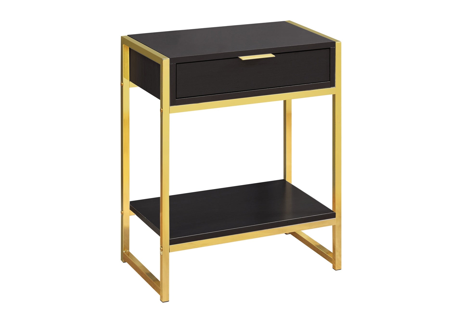 Accent Table, Side, End, Nightstand, Lamp, Storage Drawer, Living Room, Bedroom, Brown Laminate, Gold Metal, Contemporary, Modern