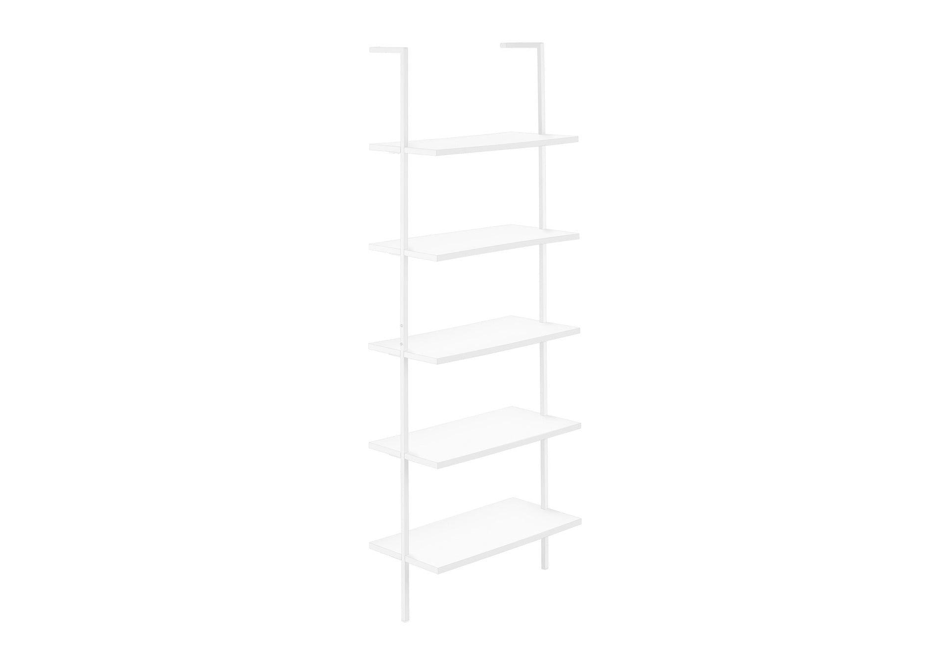 Bookshelf, Bookcase, Etagere, Ladder, 5 Tier, 72"h, Office, Bedroom, White Laminate, White Metal, Contemporary, Modern