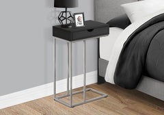 Accent Table, C-shaped, End, Side, Snack, Storage Drawer, Living Room, Bedroom, Black Laminate, Grey Metal, Contemporary, Modern