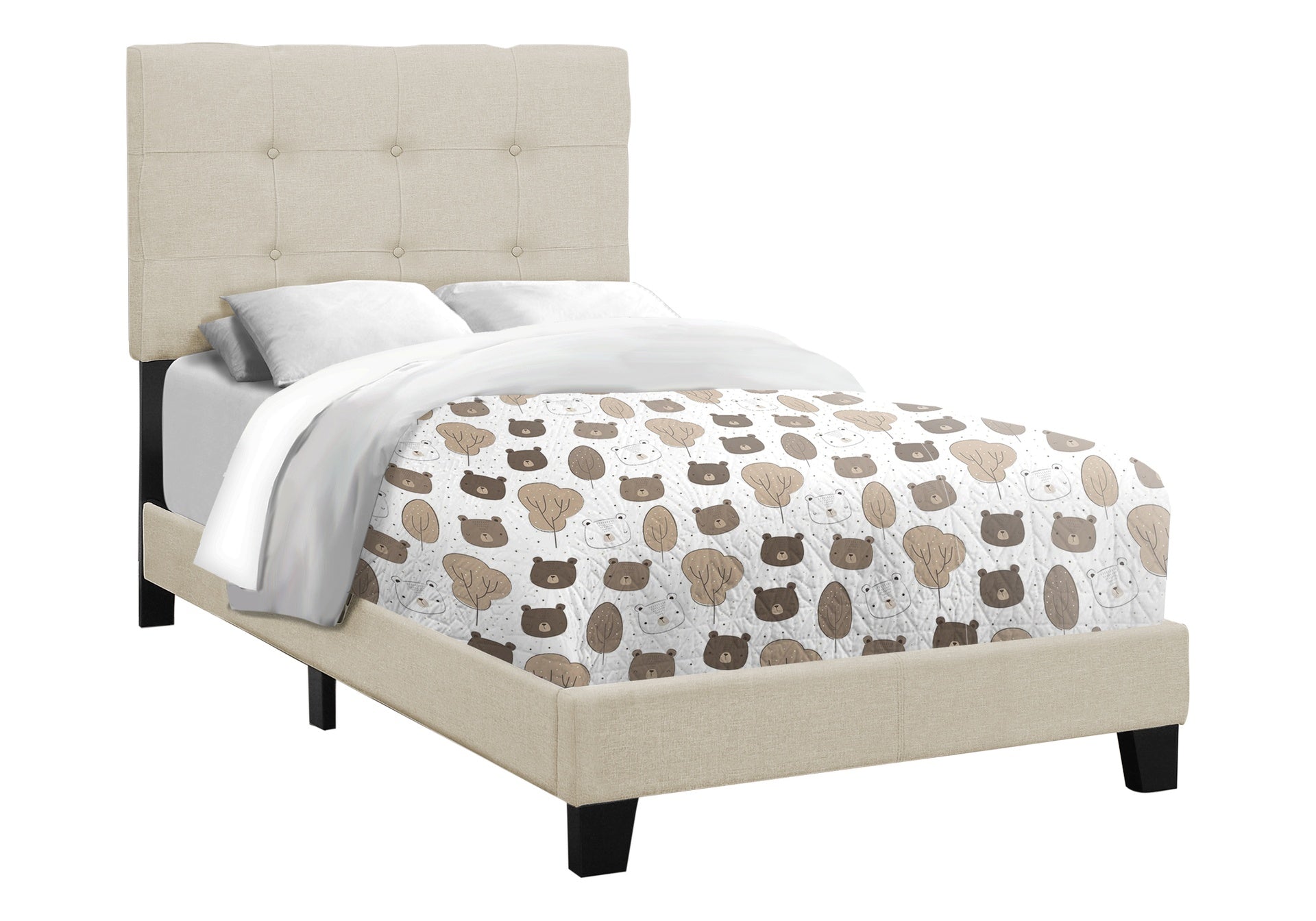 Bed, Twin Size, Upholstered, Bedroom, Frame Only, Youth, Teen, Juvenile, Beige Linen Look, Transitional