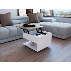 Lift Top Coffee Table, Casters, One Shelf, White / Light Oak