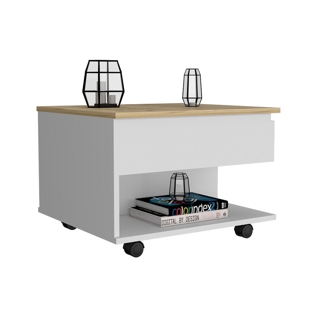 Lift Top Coffee Table, Casters, One Shelf, White / Light Oak