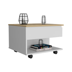 Lift Top Coffee Table, Casters, One Shelf, White / Light Oak
