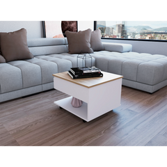 Lift Top Coffee Table, Casters, One Shelf, White / Light Oak