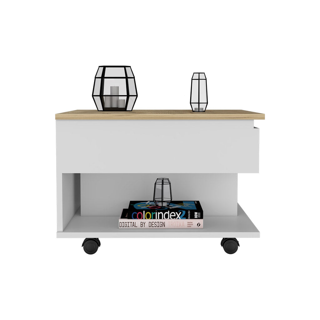 Lift Top Coffee Table, Casters, One Shelf, White / Light Oak
