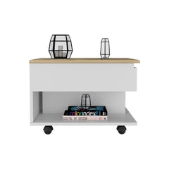 Lift Top Coffee Table, Casters, One Shelf, White / Light Oak