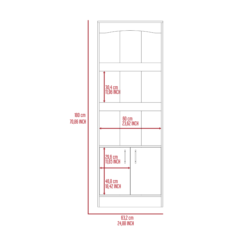 Bookcase, Three Shelves, Double Door Cabinet, Metal Hardware, Black