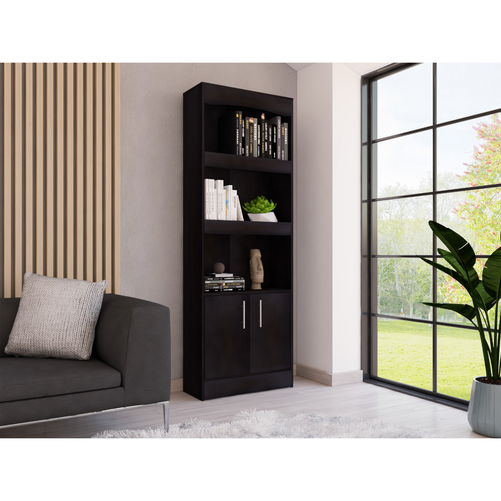 Bookcase, Three Shelves, Double Door Cabinet, Metal Hardware, Black