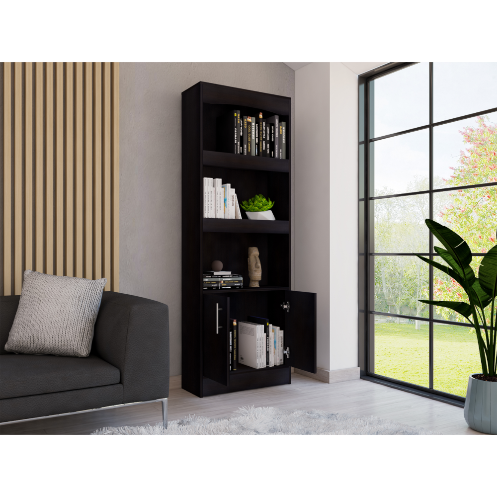 Bookcase, Three Shelves, Double Door Cabinet, Metal Hardware, Black
