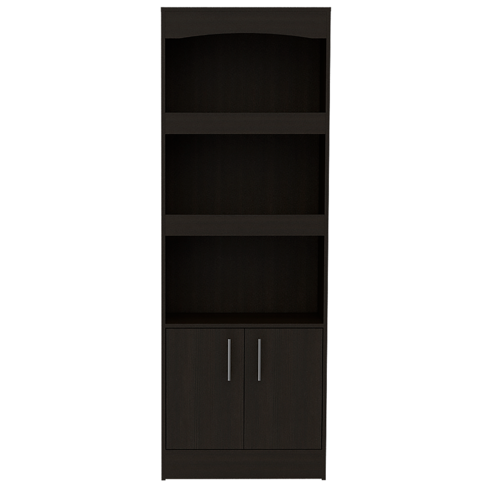 Bookcase, Three Shelves, Double Door Cabinet, Metal Hardware, Black