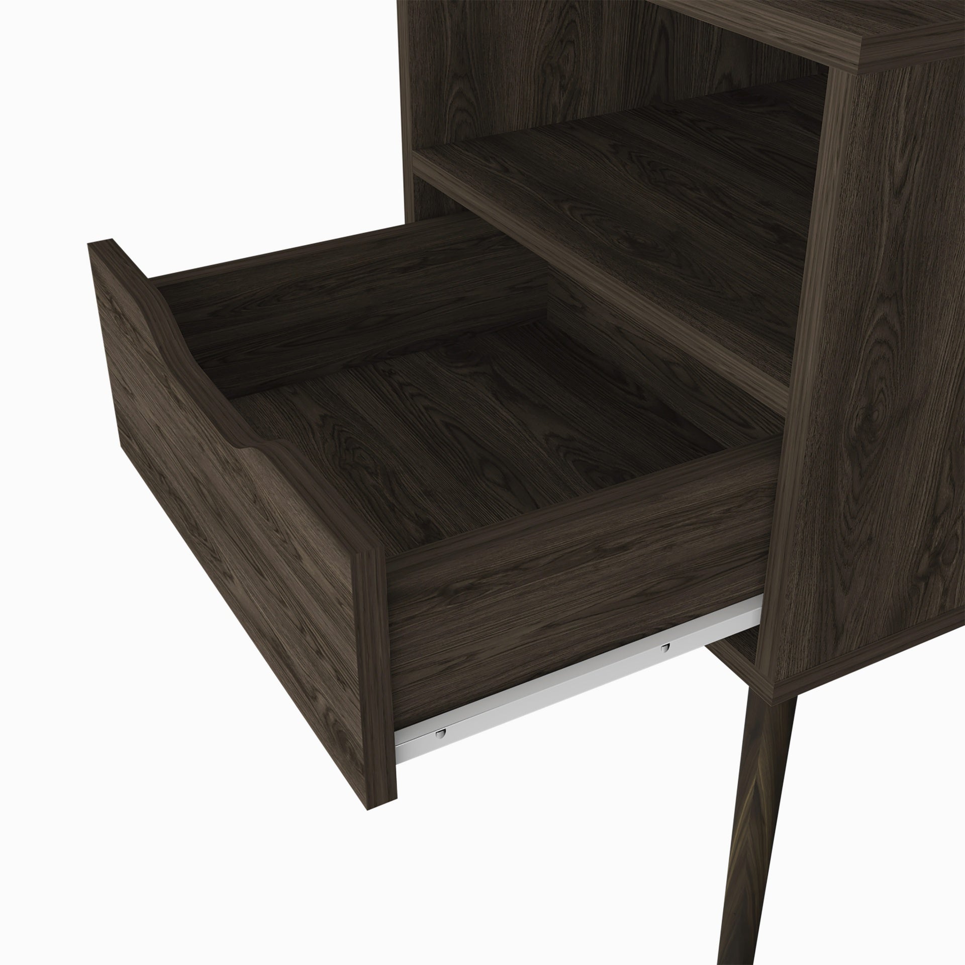 Nightstand 25"H, Superior Top, Four Legs, One Open Shelf, One Drawer, Dark Walnut