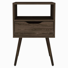 Nightstand 25"H, Superior Top, Four Legs, One Open Shelf, One Drawer, Dark Walnut