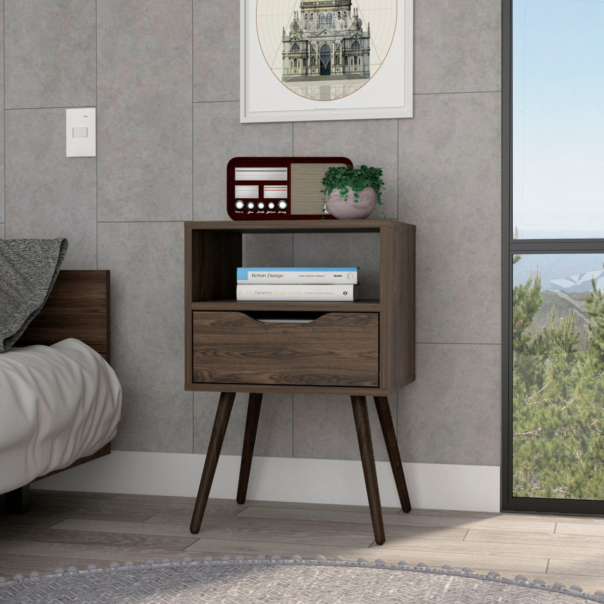 Nightstand 25"H, Superior Top, Four Legs, One Open Shelf, One Drawer, Dark Walnut