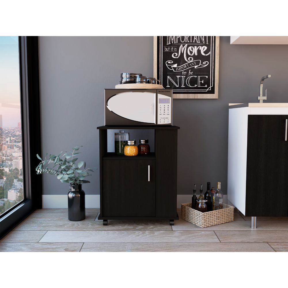 Lower Microwave Pantry 29" H, Single Door Cabinet, One Open Shelf, Three Side Shelves, Black