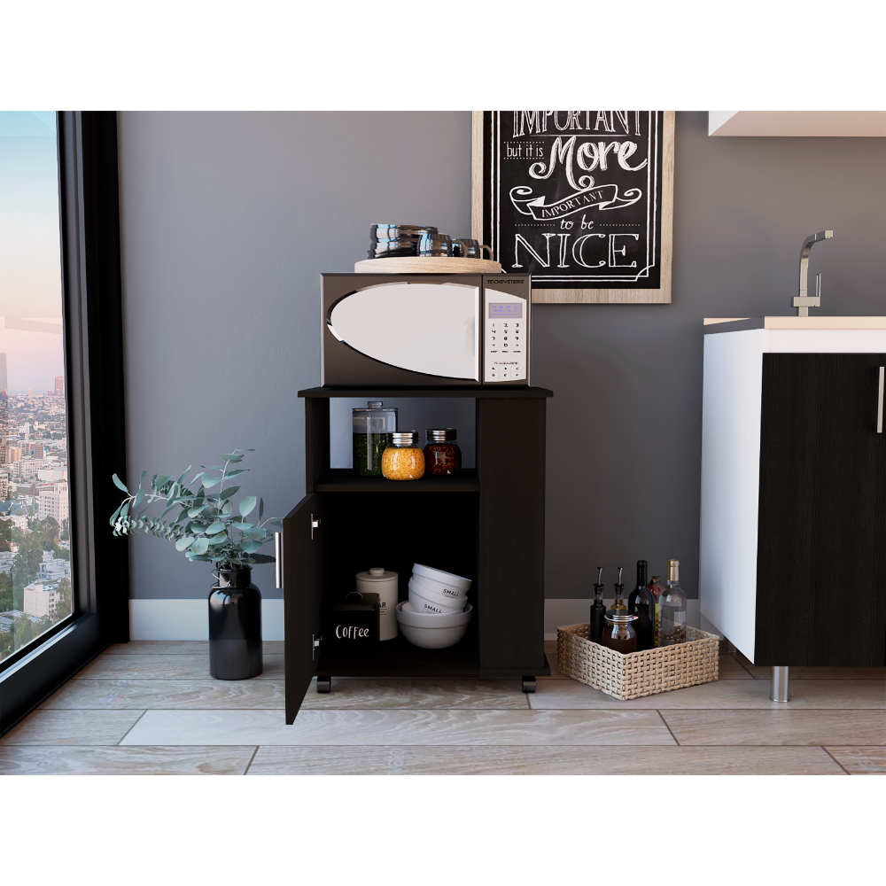 Lower Microwave Pantry 29" H, Single Door Cabinet, One Open Shelf, Three Side Shelves, Black