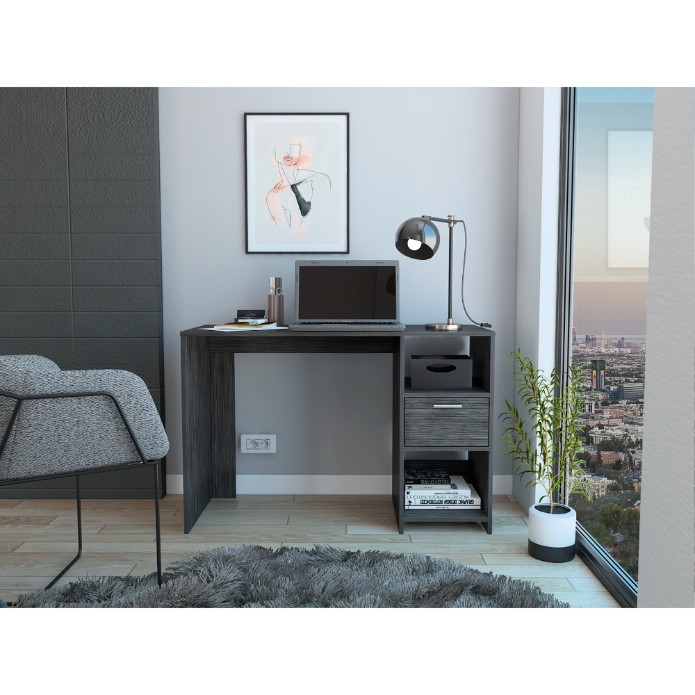 Computer Desk with 1-Drawer and 2-Open Storage Shelves, Smokey Oak
