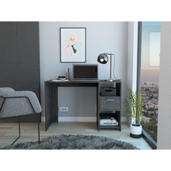 Computer Desk with 1-Drawer and 2-Open Storage Shelves, Smokey Oak