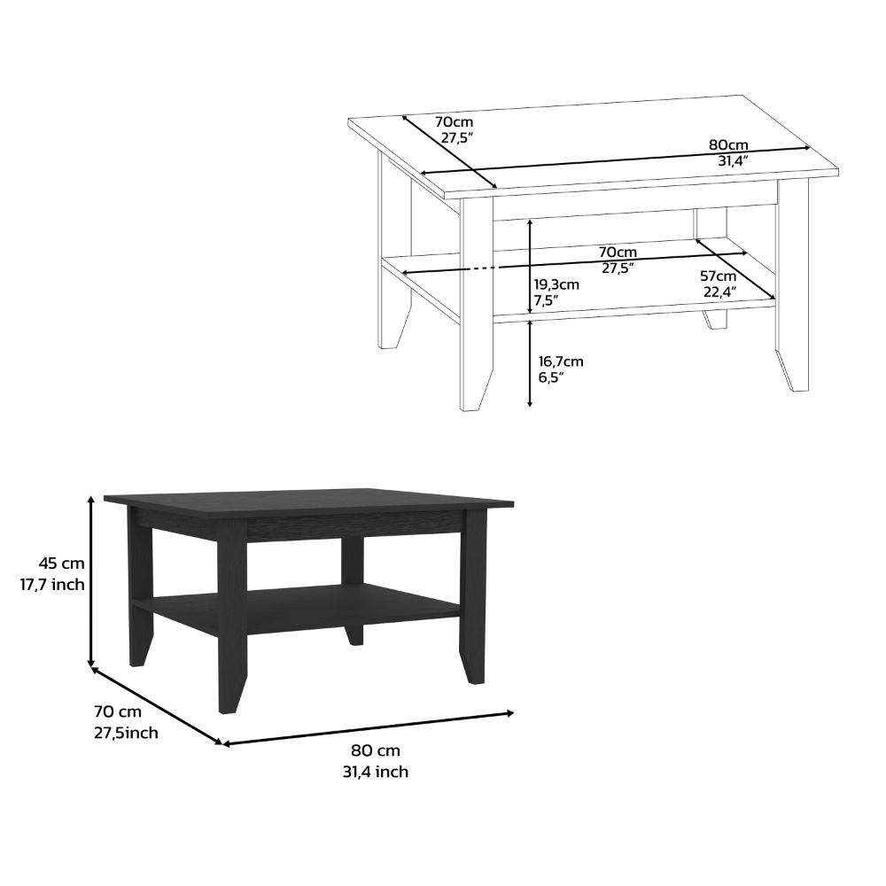 Coffee Table, Four Legs, One Shelf, Black