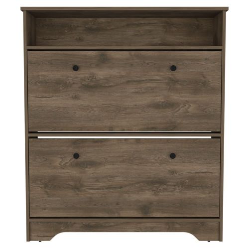 Shoe Rack 46" H, One Open Storage Shelf, Two Internal Storage Drawers, Two Doors, Dark Brown