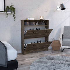Shoe Rack 46" H, One Open Storage Shelf, Two Internal Storage Drawers, Two Doors, Dark Brown
