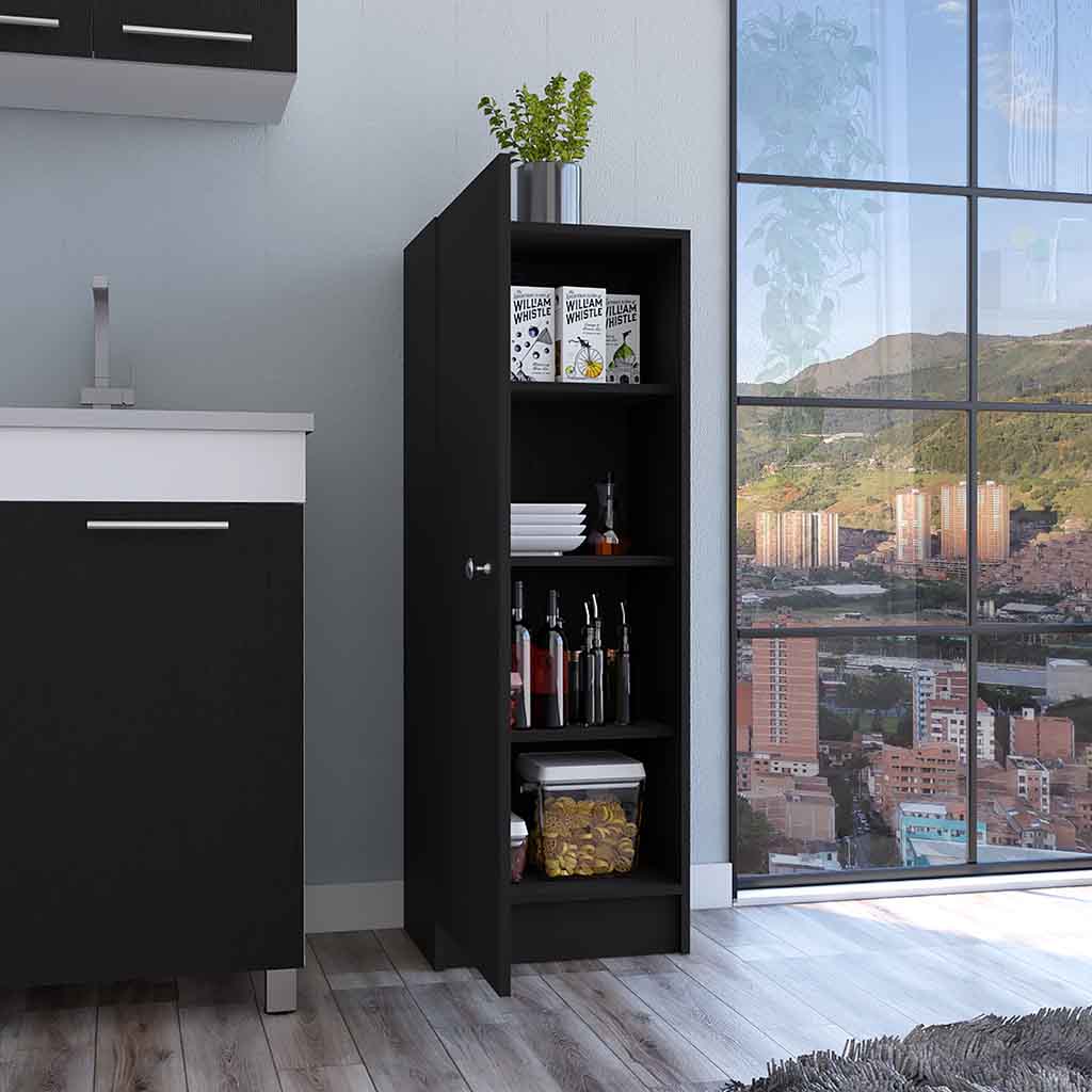 Kitchen Pantry 47" H, One Door Cabinet, Four Interior Shelves, Black