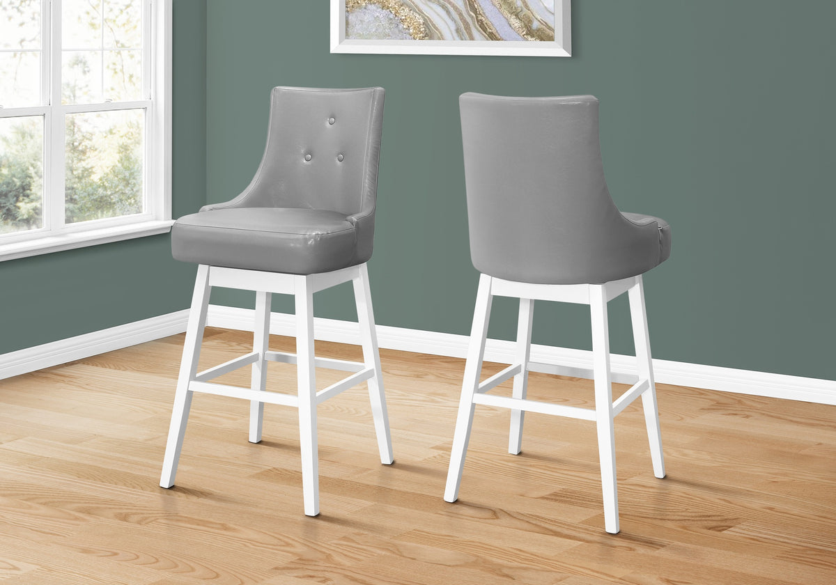 Bar Stool, Set Of 2, Swivel, Bar Height, White Wood, Grey Leather Look, Transitional