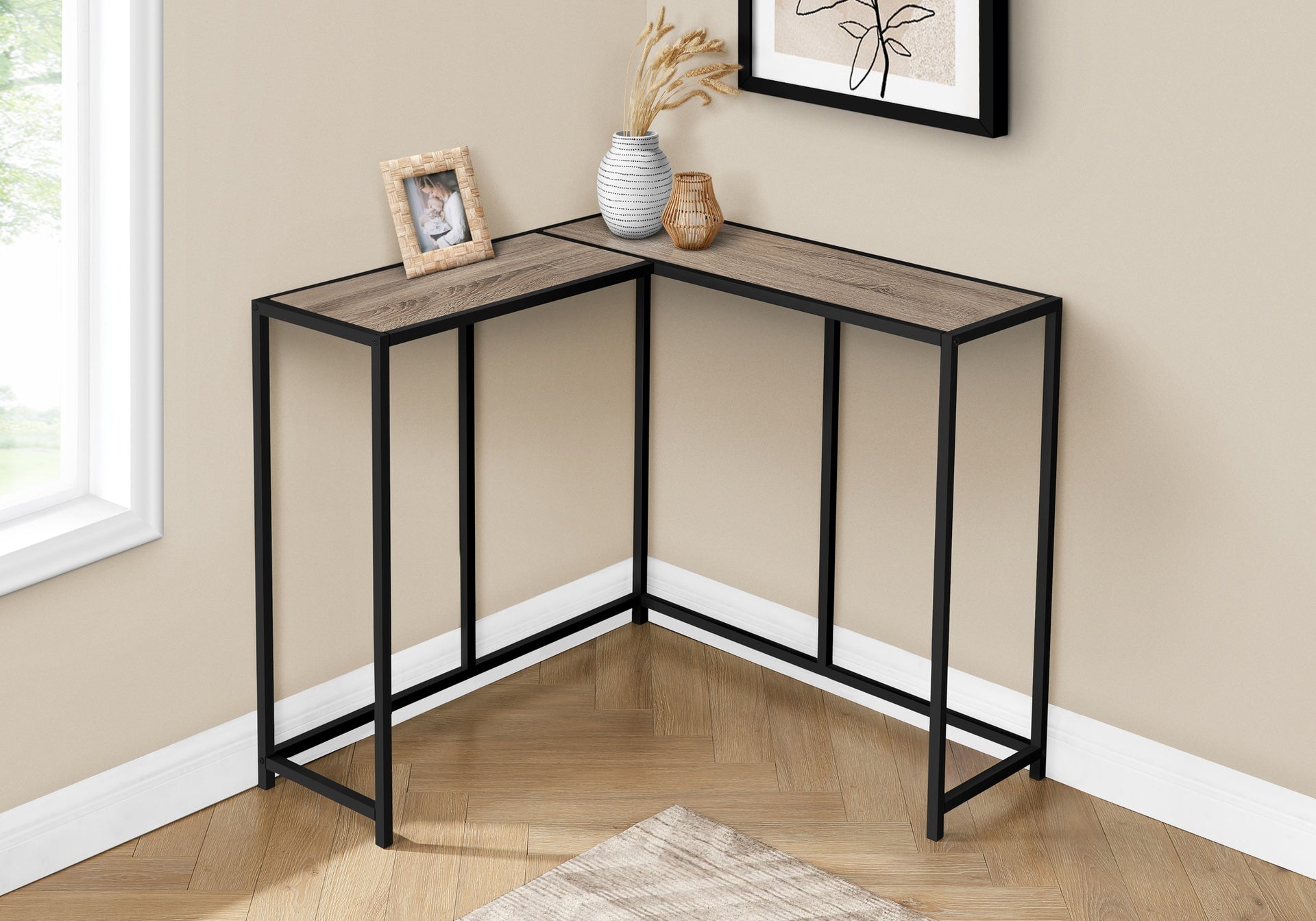 Accent Table, Console, Entryway, Narrow, Corner, Living Room, Bedroom, Brown Laminate, Black Metal, Contemporary, Modern