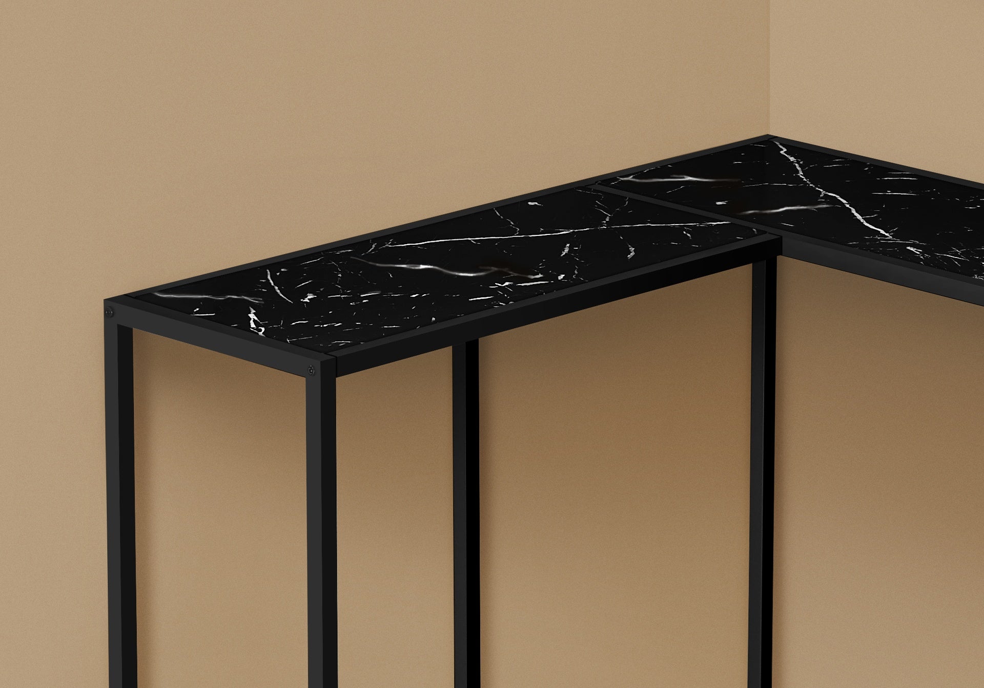 Accent Table, Console, Entryway, Narrow, Corner, Living Room, Bedroom, Black Marble Look Laminate, Black Metal, Contemporary, Modern