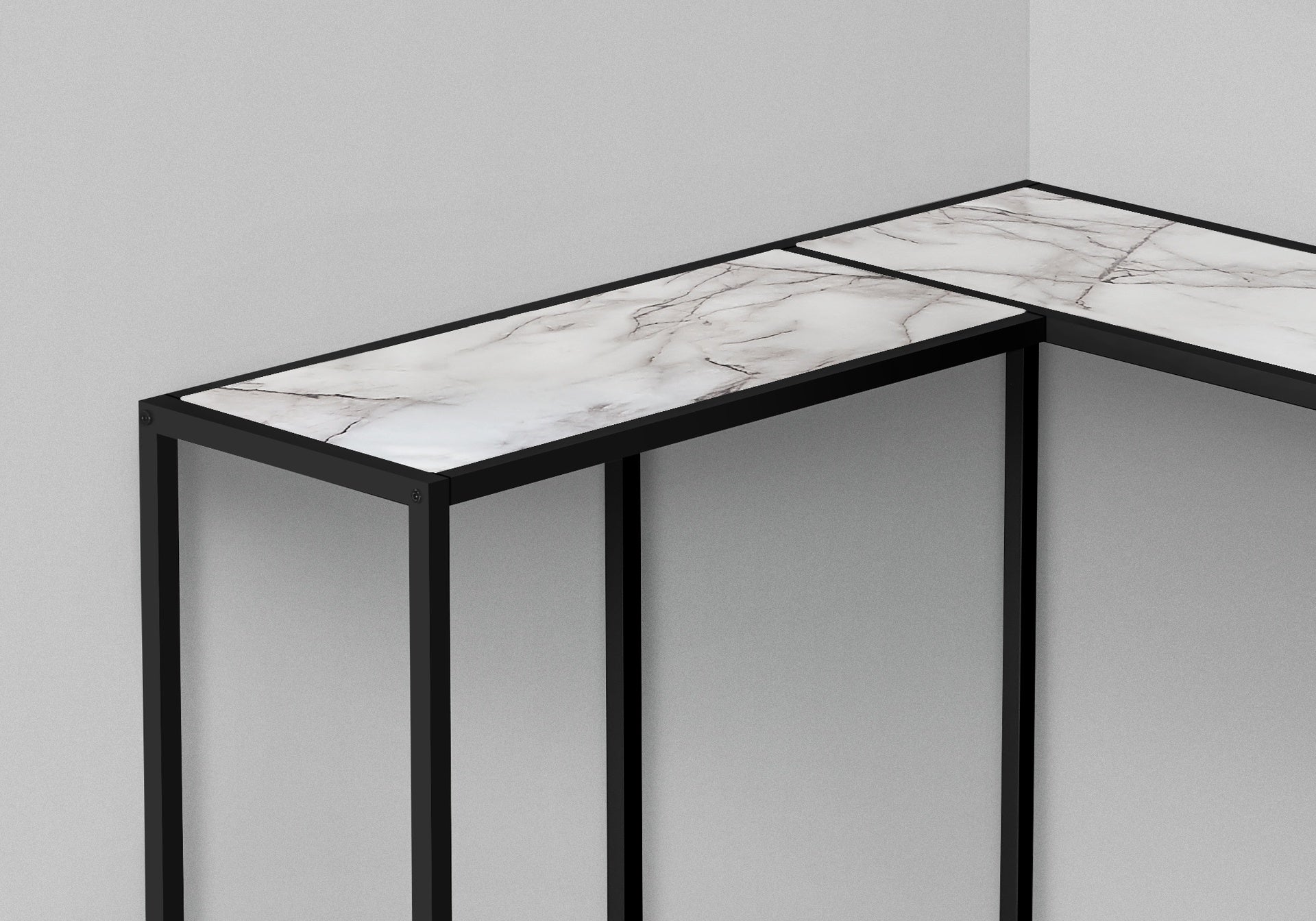 Accent Table, Console, Entryway, Narrow, Corner, Living Room, Bedroom, White Marble Look Laminate, Black Metal, Contemporary, Modern