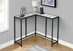 Accent Table, Console, Entryway, Narrow, Corner, Living Room, Bedroom, White Marble Look Laminate, Black Metal, Contemporary, Modern
