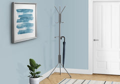 Coat Rack, Hall Tree, Free Standing, Hanging Bar, 6 Hooks, Entryway, 68"h, Bedroom, Grey Metal, Contemporary, Modern