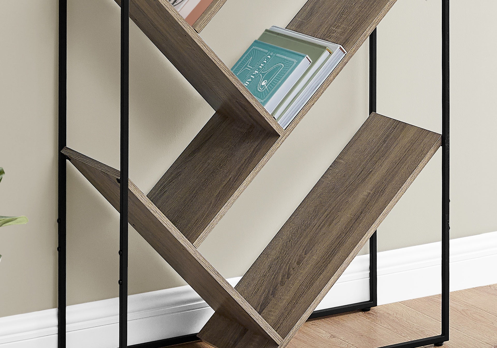Bookshelf, Bookcase, Etagere, 3 Tier, 60"h, Office, Bedroom, Brown Laminate, Black Metal, Contemporary, Modern