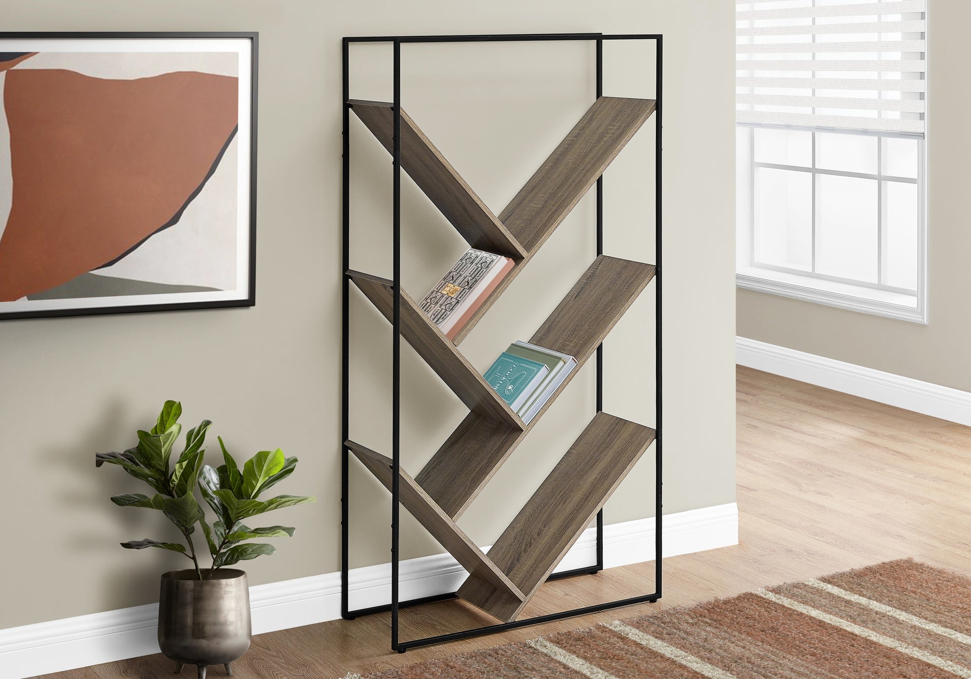 Bookshelf, Bookcase, Etagere, 3 Tier, 60"h, Office, Bedroom, Brown Laminate, Black Metal, Contemporary, Modern