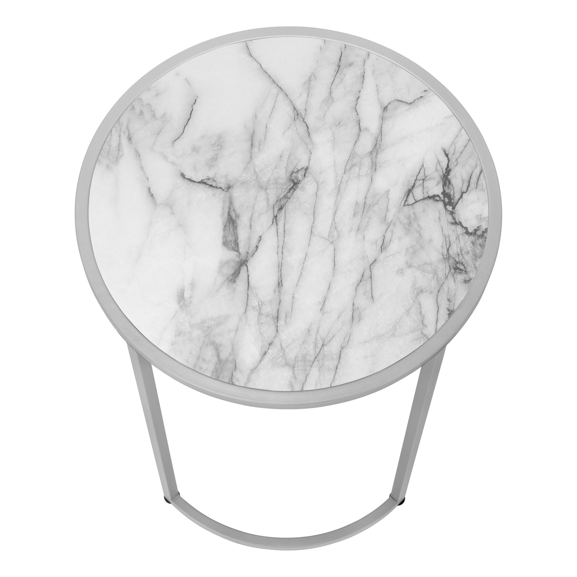 Accent Table, Side, Round, End, Nightstand, Lamp, Living Room, Bedroom, White Marble Look Laminate, Grey Metal, Contemporary, Modern