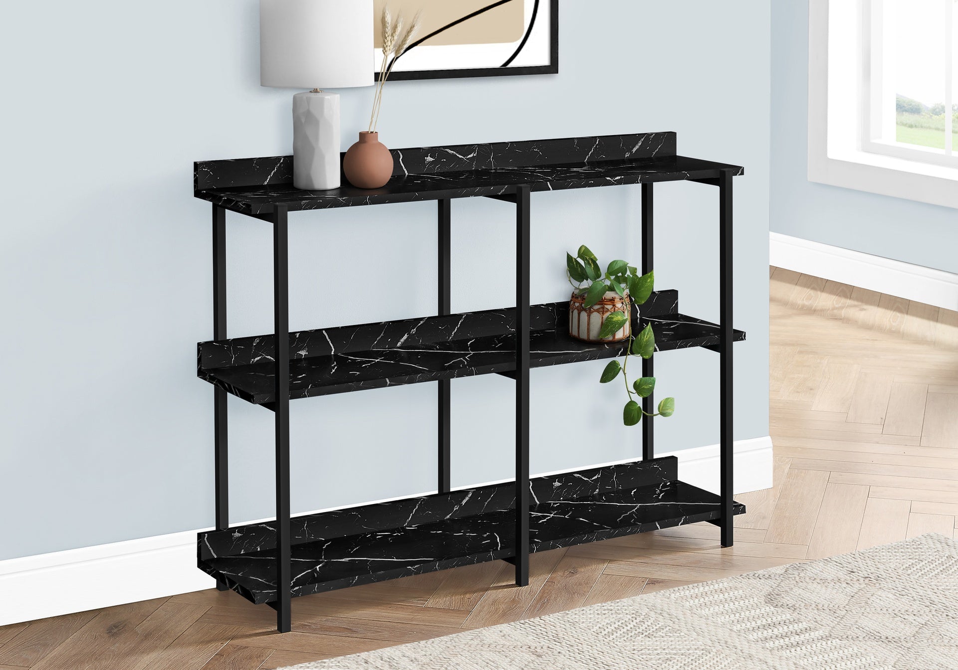 Accent Table, Console, Entryway, Narrow, Sofa, Living Room, Bedroom, Black Marble Look Laminate, Black Metal, Contemporary, Modern