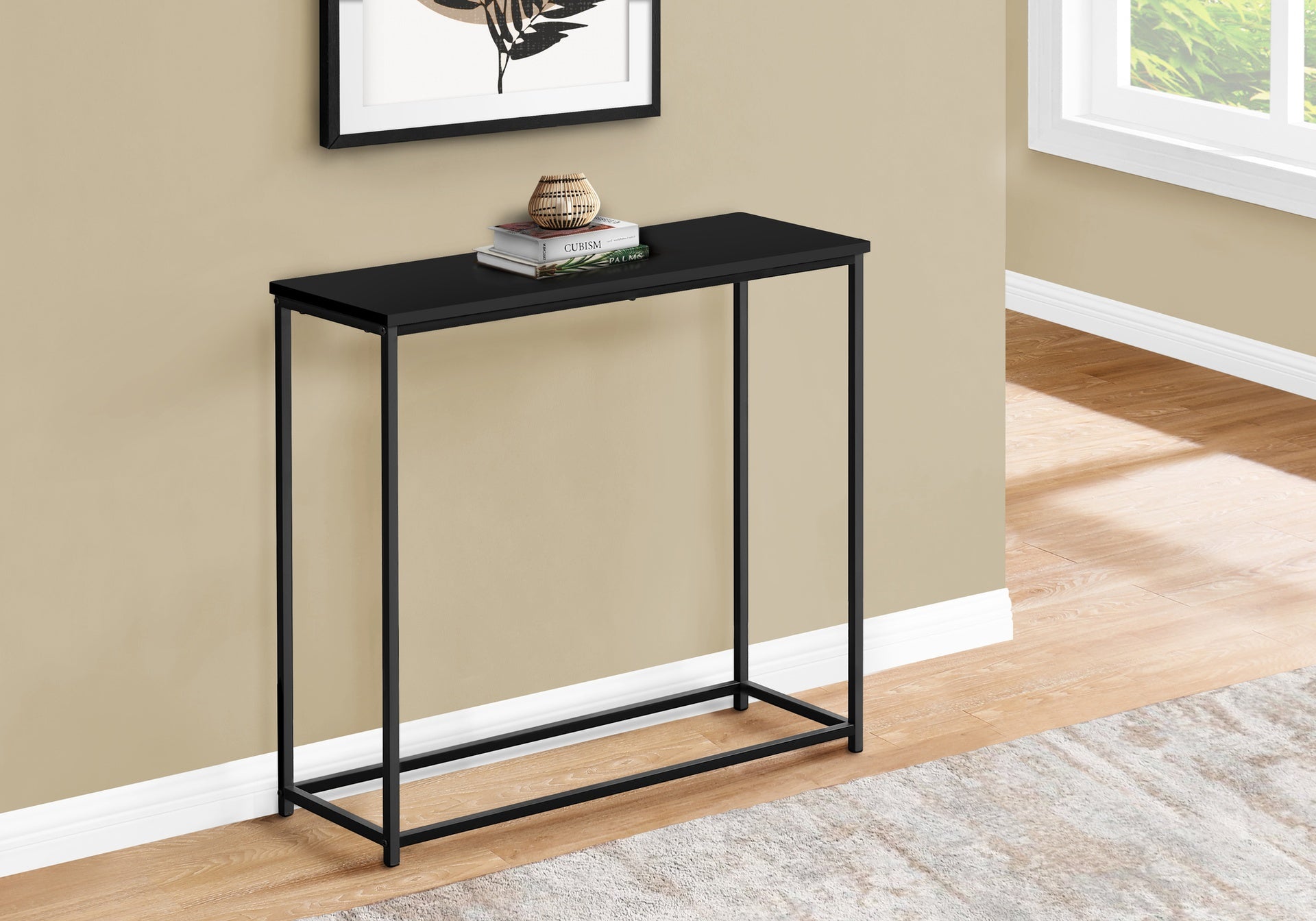 Accent Table, Console, Entryway, Narrow, Sofa, Living Room, Bedroom, Black Laminate, Black Metal, Contemporary, Modern