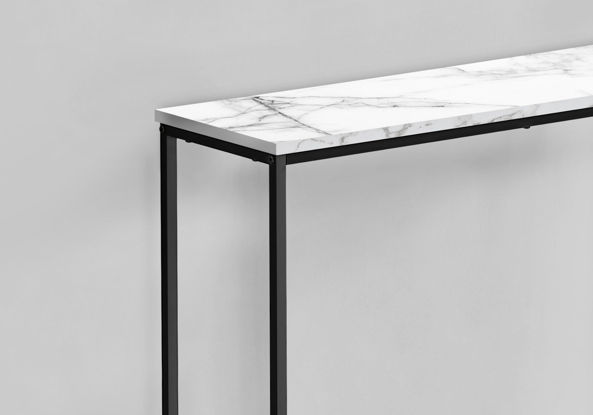 Accent Table, Console, Entryway, Narrow, Sofa, Living Room, Bedroom, White Marble Look Laminate, Black Metal, Contemporary, Modern