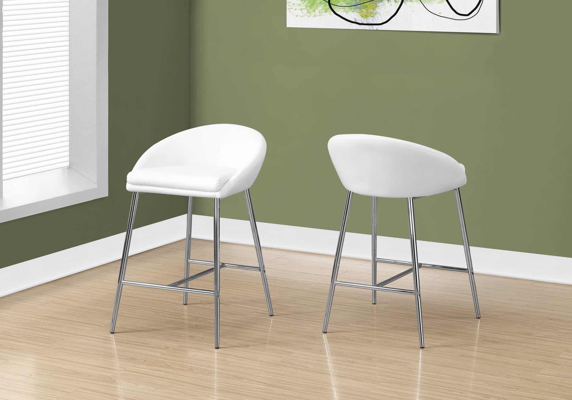 Bar Stool, Set Of 2, Counter Height, Kitchen, Chrome Metal, White Leather Look, Contemporary, Modern