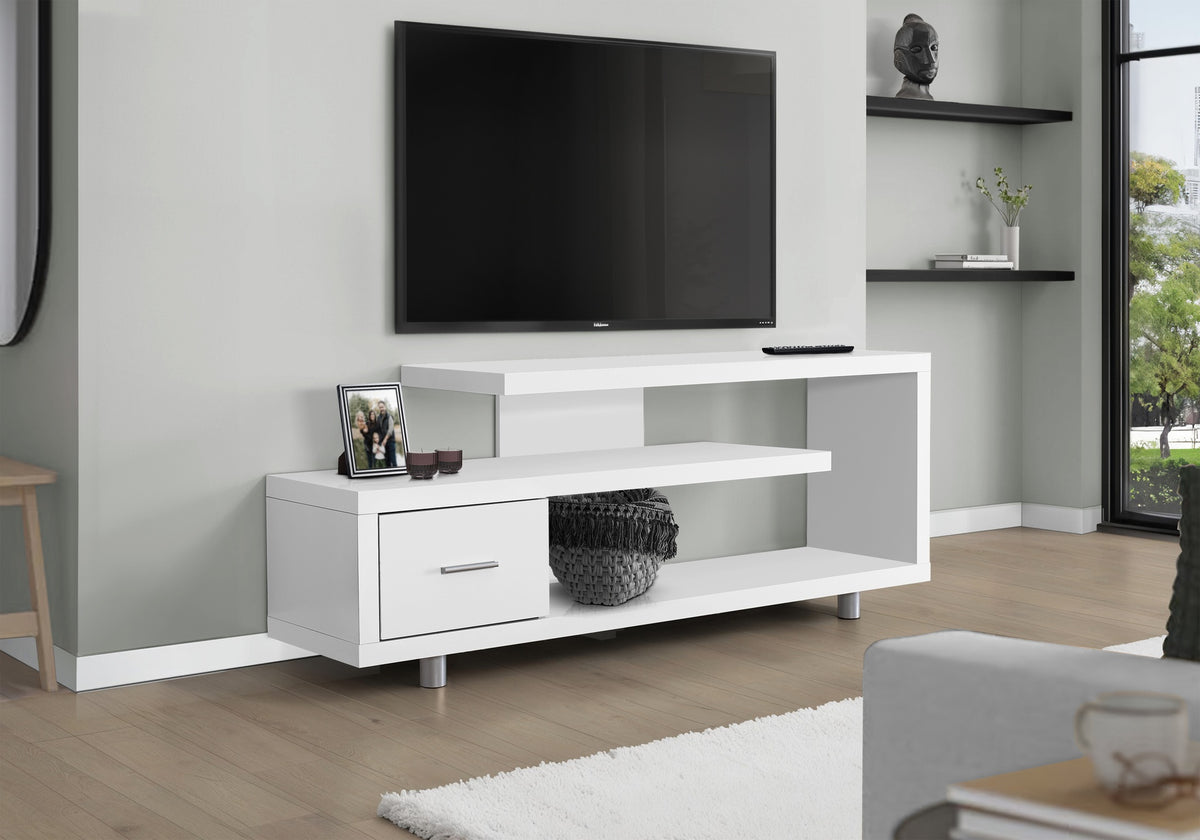 Tv Stand, 60 Inch, Console, Media Entertainment Center, Storage Cabinet, Living Room, Bedroom, White Laminate, Contemporary, Modern