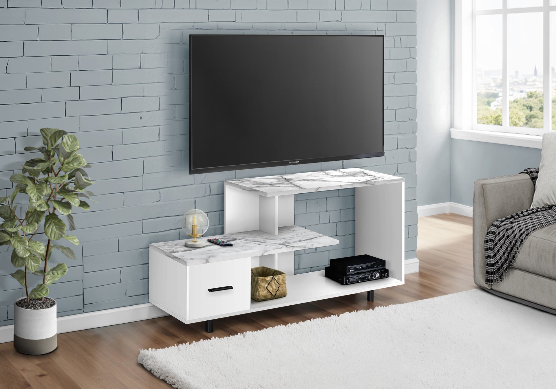Tv Stand, 48 Inch, Console, Media Entertainment Center, Storage Drawer, Living Room, Bedroom, White Marble Look Laminate, Contemporary, Modern