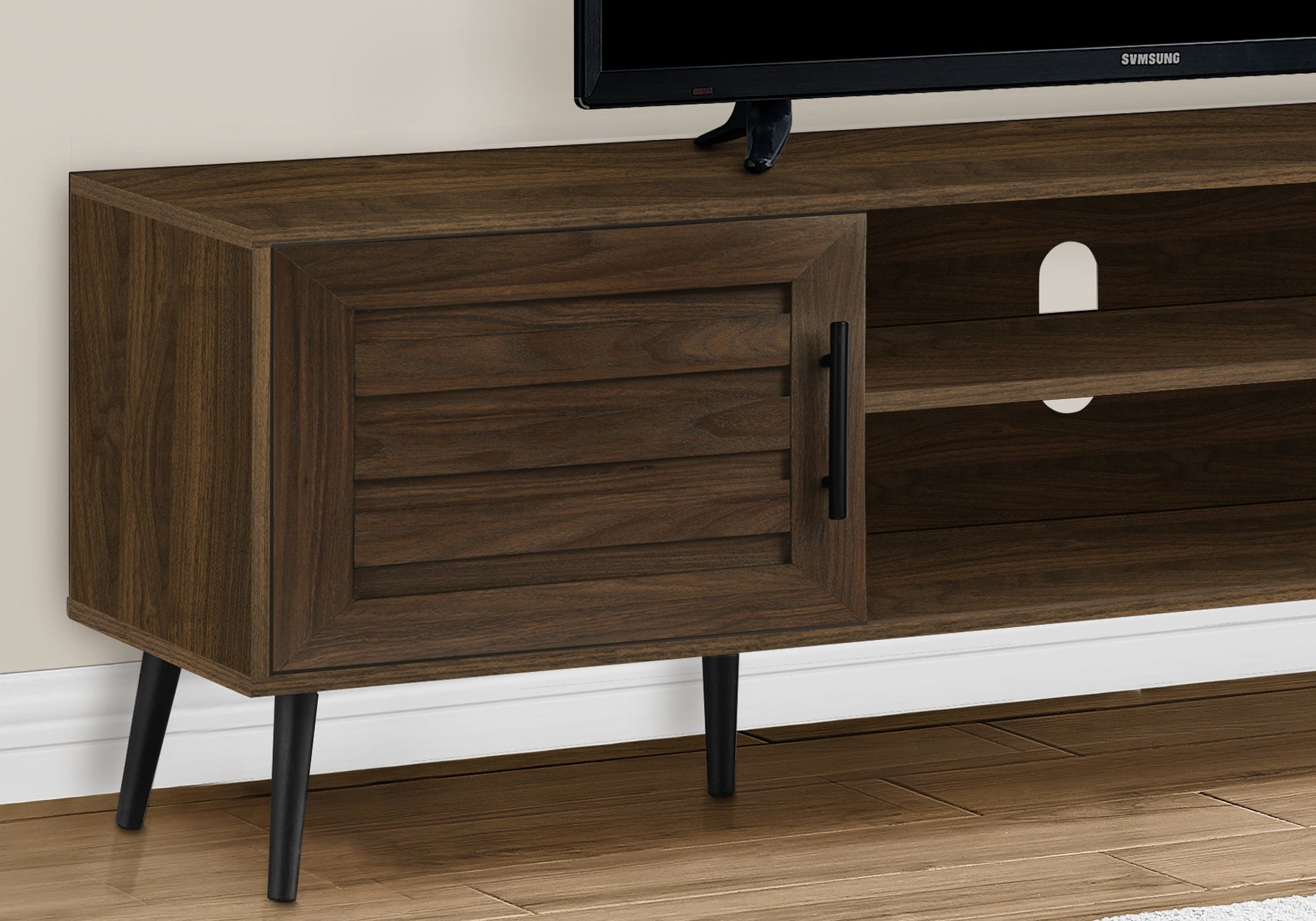 Tv Stand, 72 Inch, Console, Media Entertainment Center, Storage Cabinet, Living Room, Bedroom, Brown Laminate, Black Wood Legs, Transitional