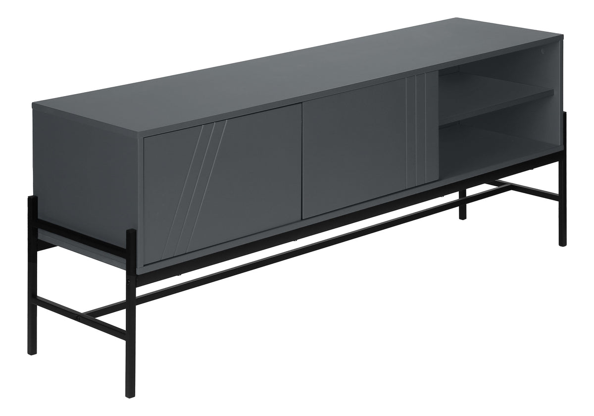 Tv Stand, 60 Inch, Console, Media Entertainment Center, Storage Cabinet, Living Room, Bedroom, Grey Laminate, Black Metal, Contemporary, Modern