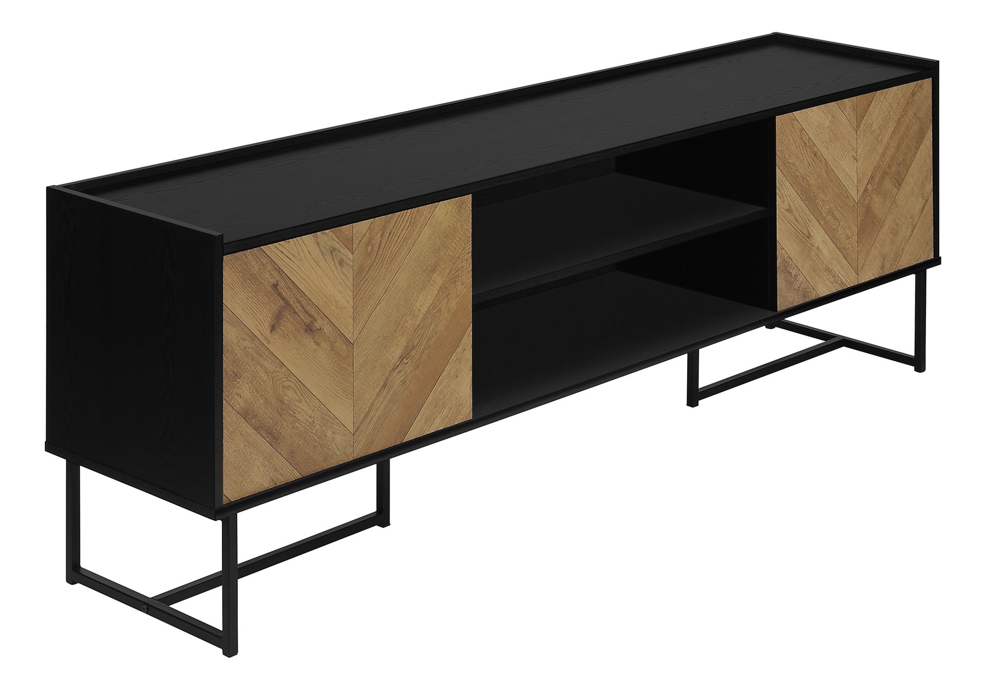 Tv Stand, 72 Inch, Console, Media Entertainment Center, Storage Cabinet, Living Room, Bedroom, Brown And Black Laminate, Black Metal, Contemporary, Modern