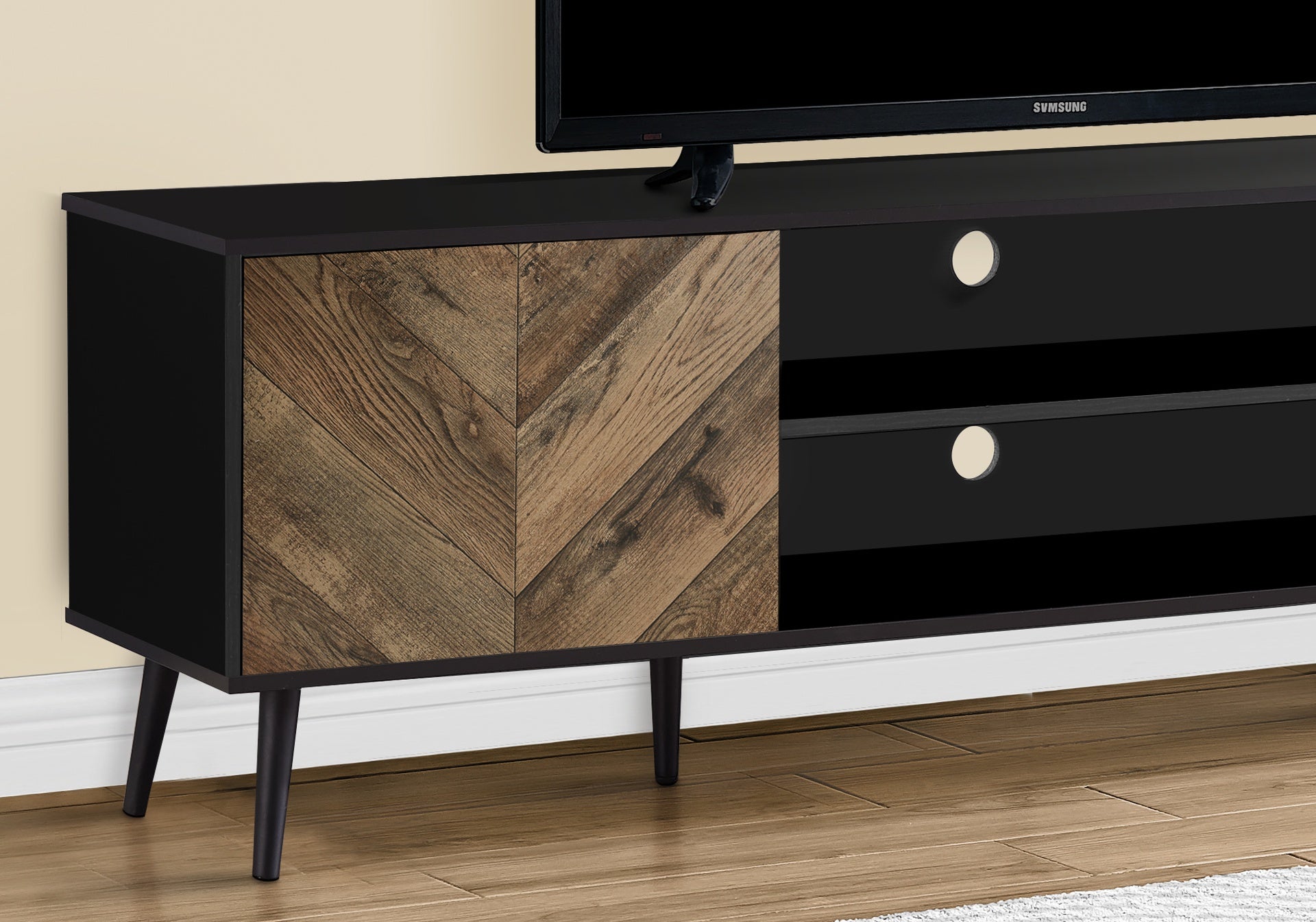 Tv Stand, 72 Inch, Console, Media Entertainment Center, Storage Cabinet, Living Room, Bedroom, Brown And Black Laminate, Black Wood Legs, Contemporary, Modern