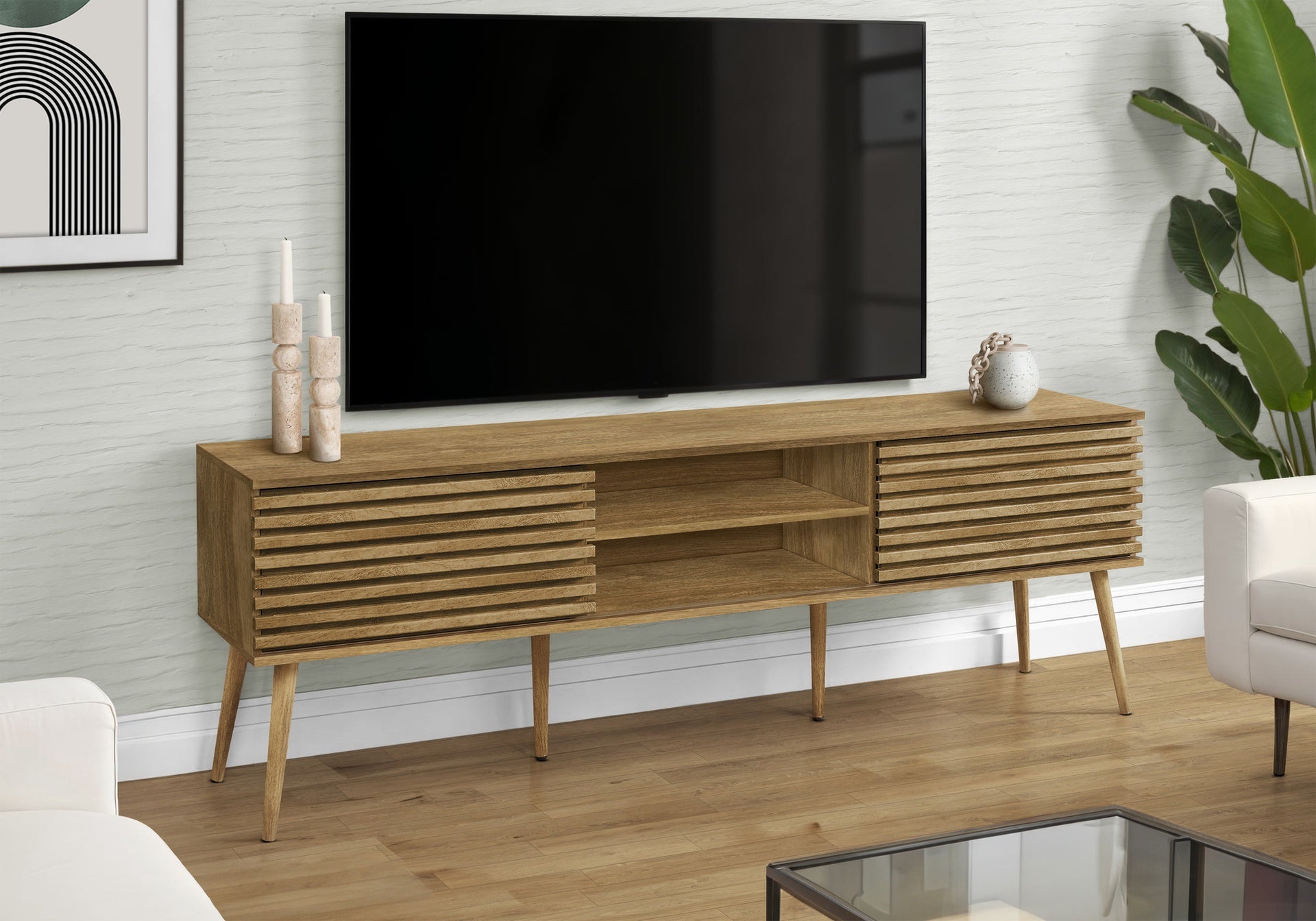 Tv Stand, 72 Inch, Media Entertainment Center, Storage Cabinet, Console, Storage Shelves, Bedroom, Living Room, Walnut Laminate, Contemporary, Modern
