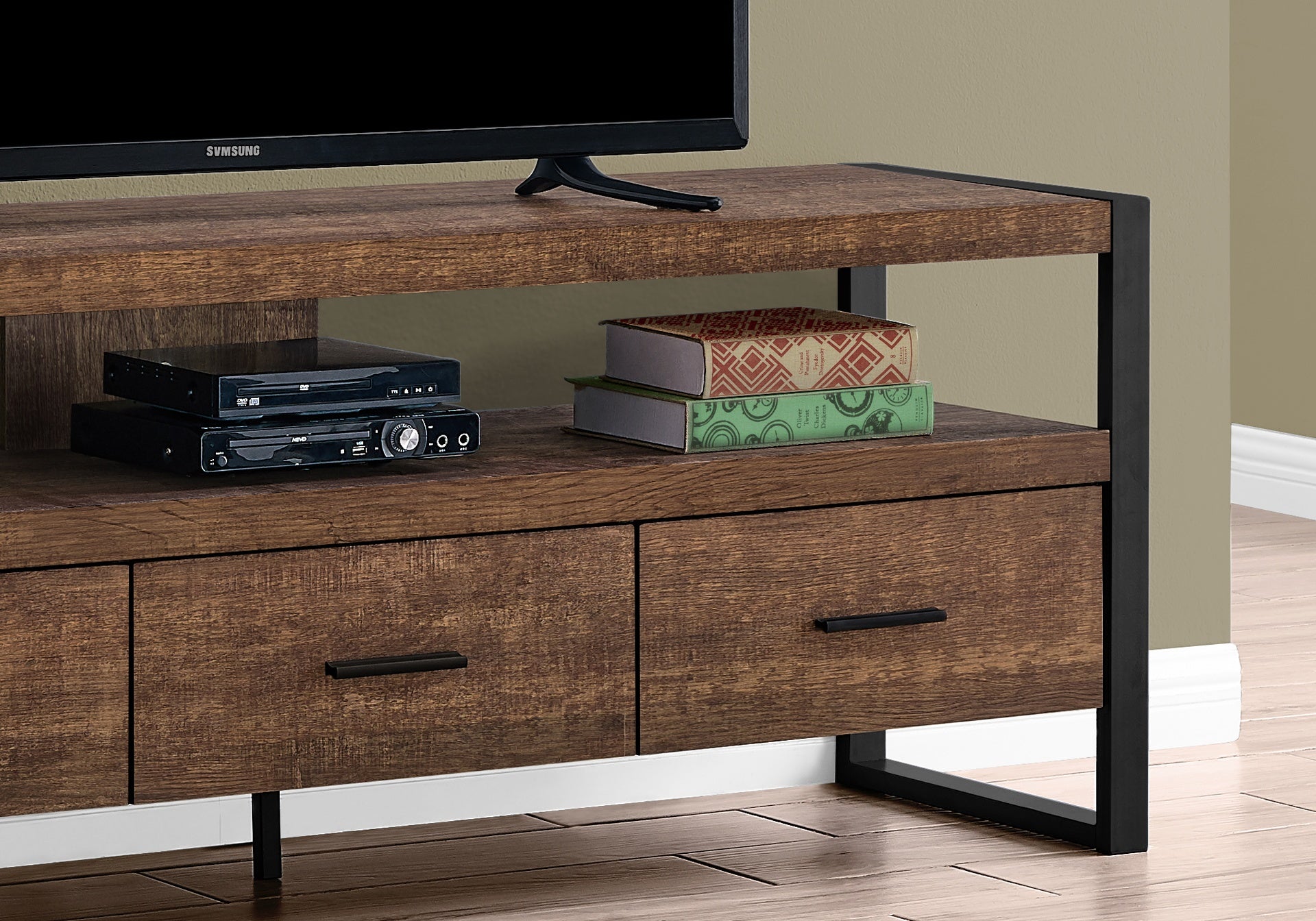 Tv Stand, 60 Inch, Console, Media Entertainment Center, Storage Drawers, Living Room, Bedroom, Brown Laminate, Black Metal, Contemporary, Modern