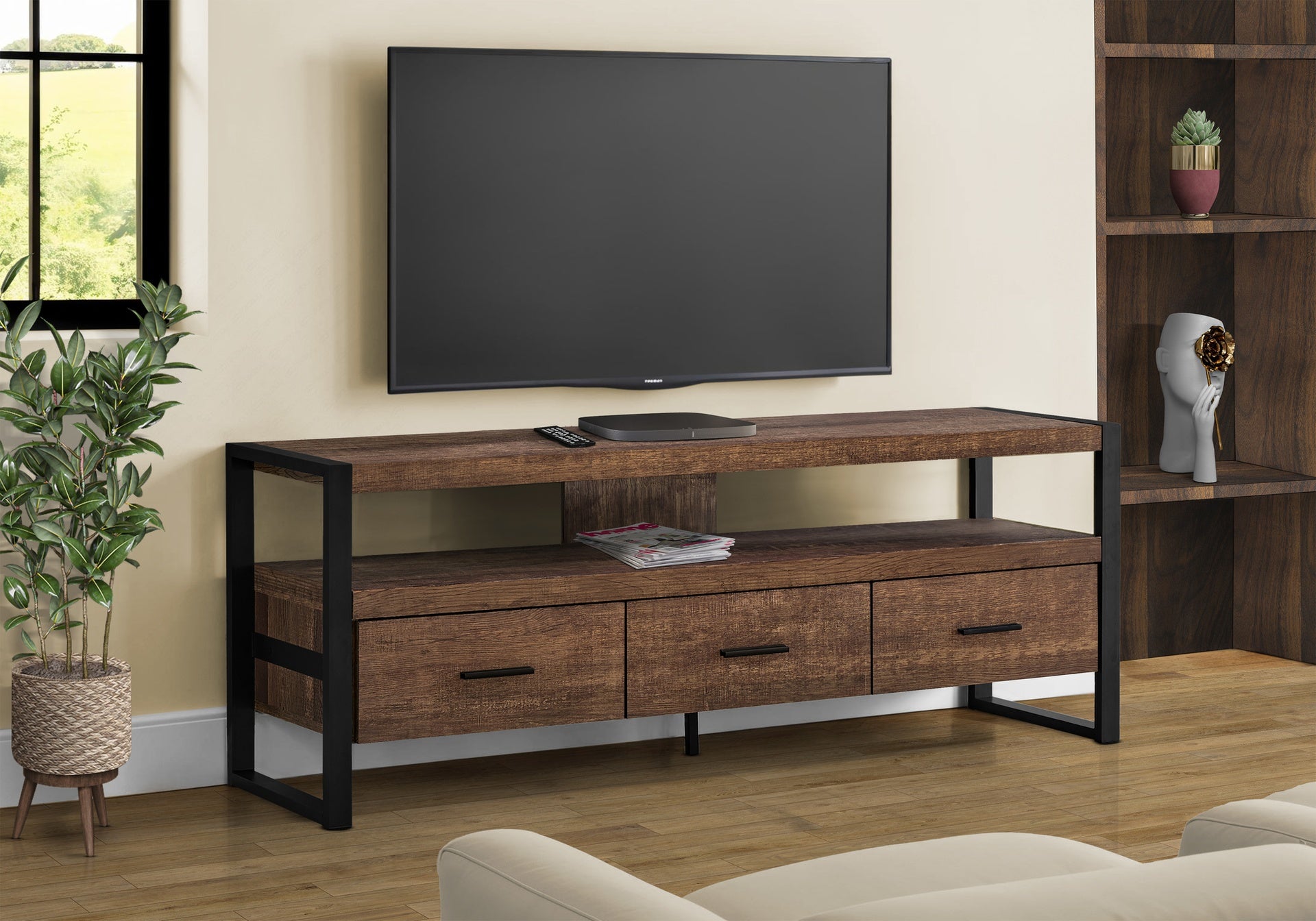 Tv Stand, 60 Inch, Console, Media Entertainment Center, Storage Drawers, Living Room, Bedroom, Brown Laminate, Black Metal, Contemporary, Modern