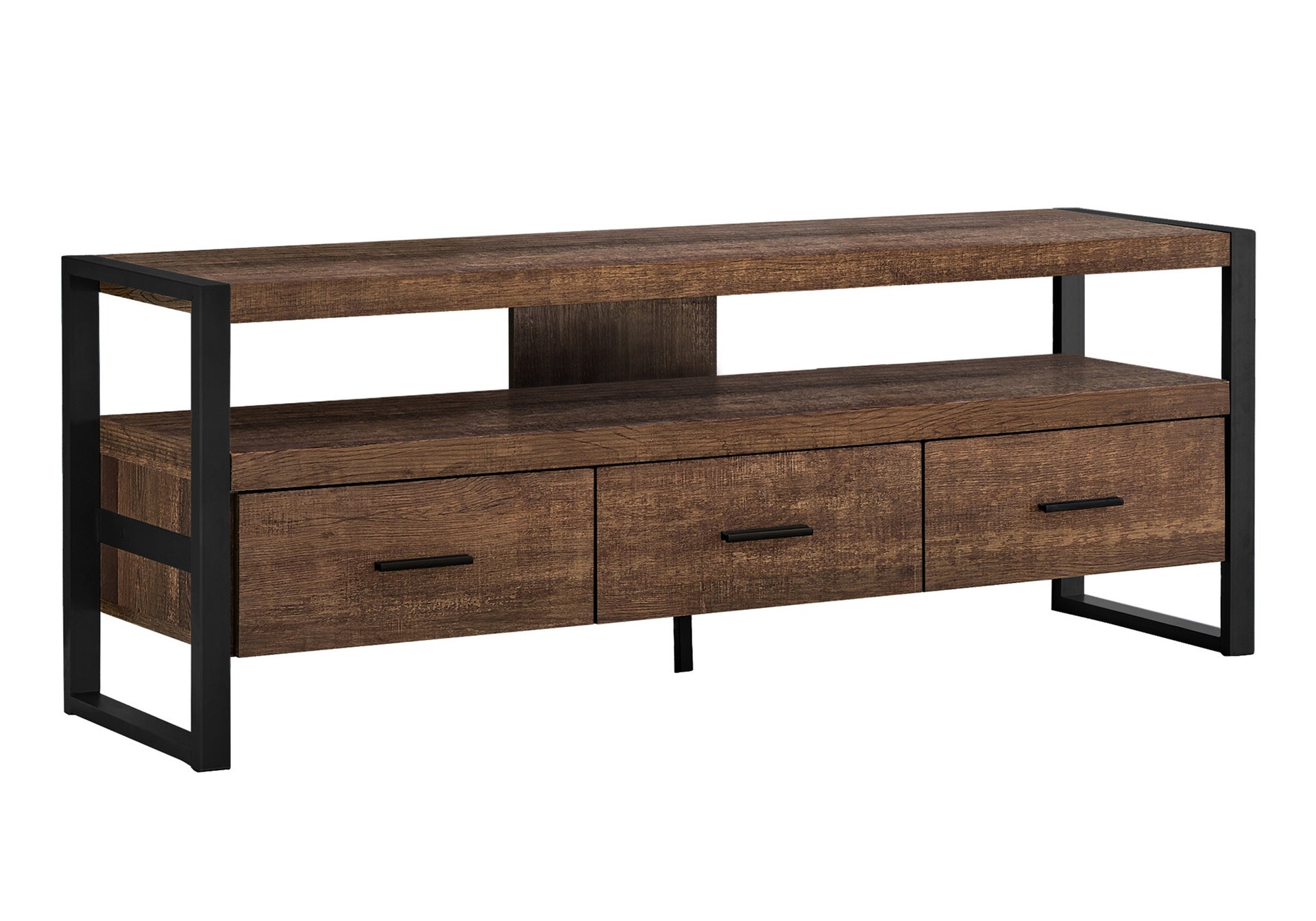 Tv Stand, 60 Inch, Console, Media Entertainment Center, Storage Drawers, Living Room, Bedroom, Brown Laminate, Black Metal, Contemporary, Modern